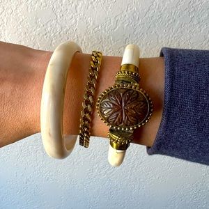 Anthropologie Tibetan Carved Brown Stone bangle bracelet